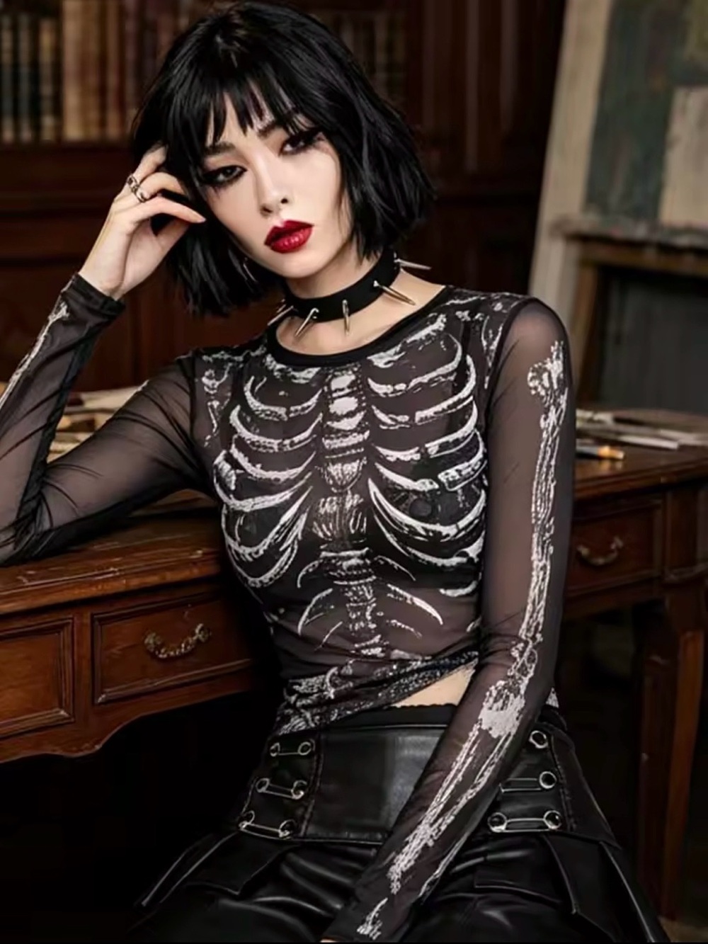 Skeleton long sleeve mesh top